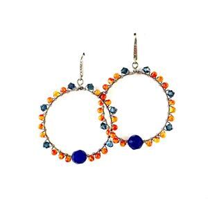 Lapis Lazuli Carnelian Crystal Beaded Wire Wrapped Sterling Hoop Earrings